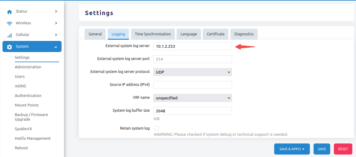 Remote Log Server Settings